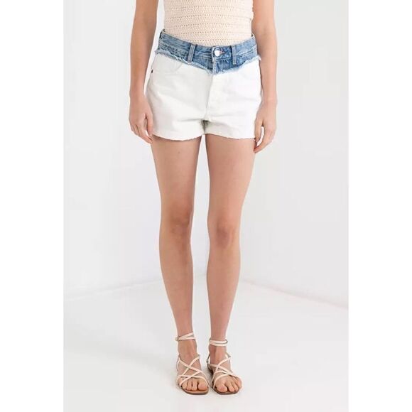 NWT Zara Blue & White Color Block Distressed Button Fly Denim Shorts, Size 0 - Picture 5 of 12